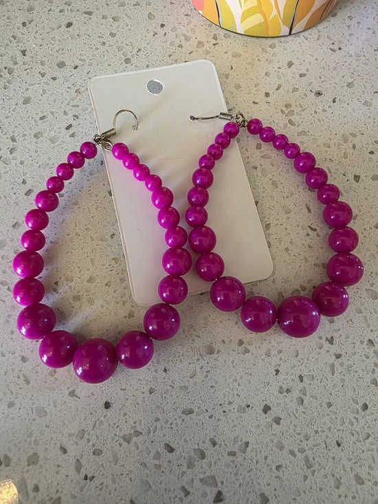 Bold Magenta Beaded Hoop Earrings - Women Jewelry - Picture 1 of 3